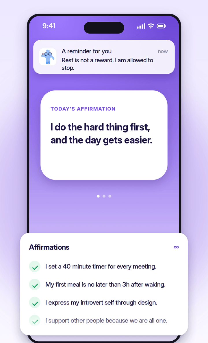 Joyo on iPhone showing a notification reading “Rest is not a reward. I am allowed to stop.”, a today’s-affirmation card reading “I do the hard thing first, and the day gets easier.”, and a checked list of the user’s own affirmations.