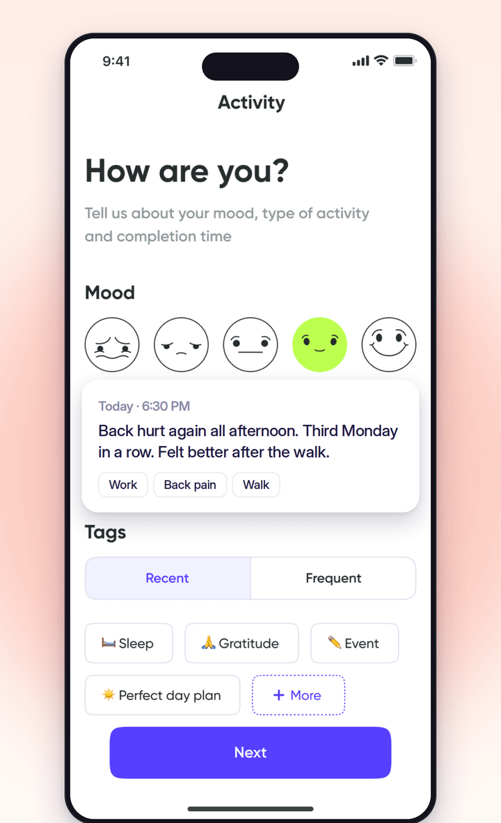 Joyo’s note screen on iPhone: a “How are you?” mood picker with five faces, a saved moment reading “Back hurt again all afternoon. Third Monday in a row. Felt better after the walk.” with Work, Back pain and Walk tags, and a tag chooser below.