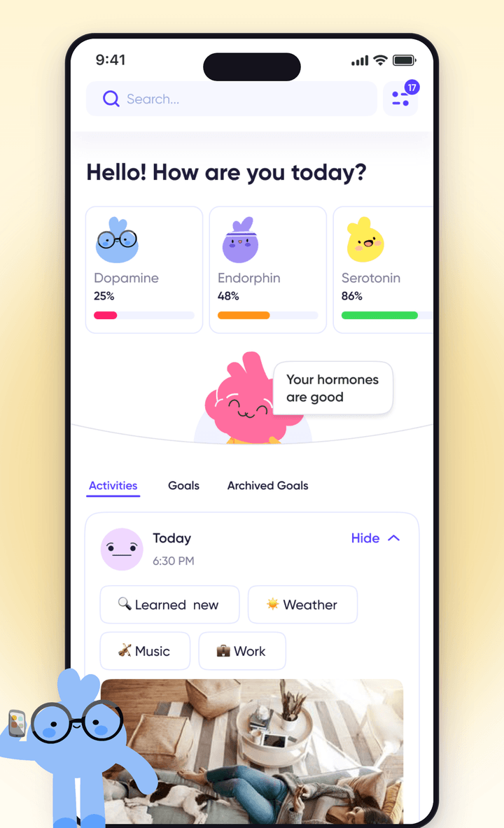 Joyo’s game screen on iPhone: cards for the dopamine, endorphin and serotonin mascots with their daily point scores, and a cheerful pink mascot below.